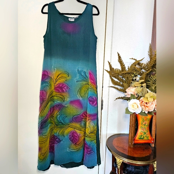 Vintage Dresses & Skirts - Vintage Maxi Semi-sheer Bird Print Beach Coverup Sleeveless Multicolor Dress